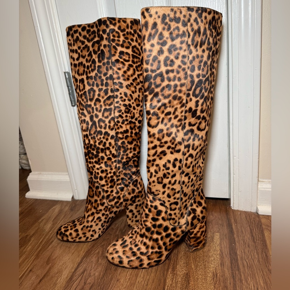 Gianni Bini Women’s Jellenia Leopard Print Haircalf Knee High Boots- Size 6.5